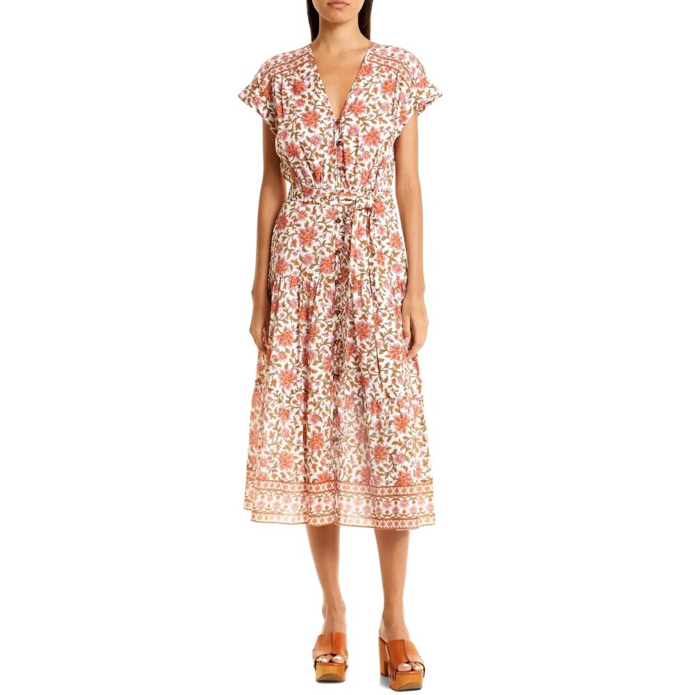 Veronica Beard Floral Cotton Midi Dress Size 4 Pink Orange Tiered Belted